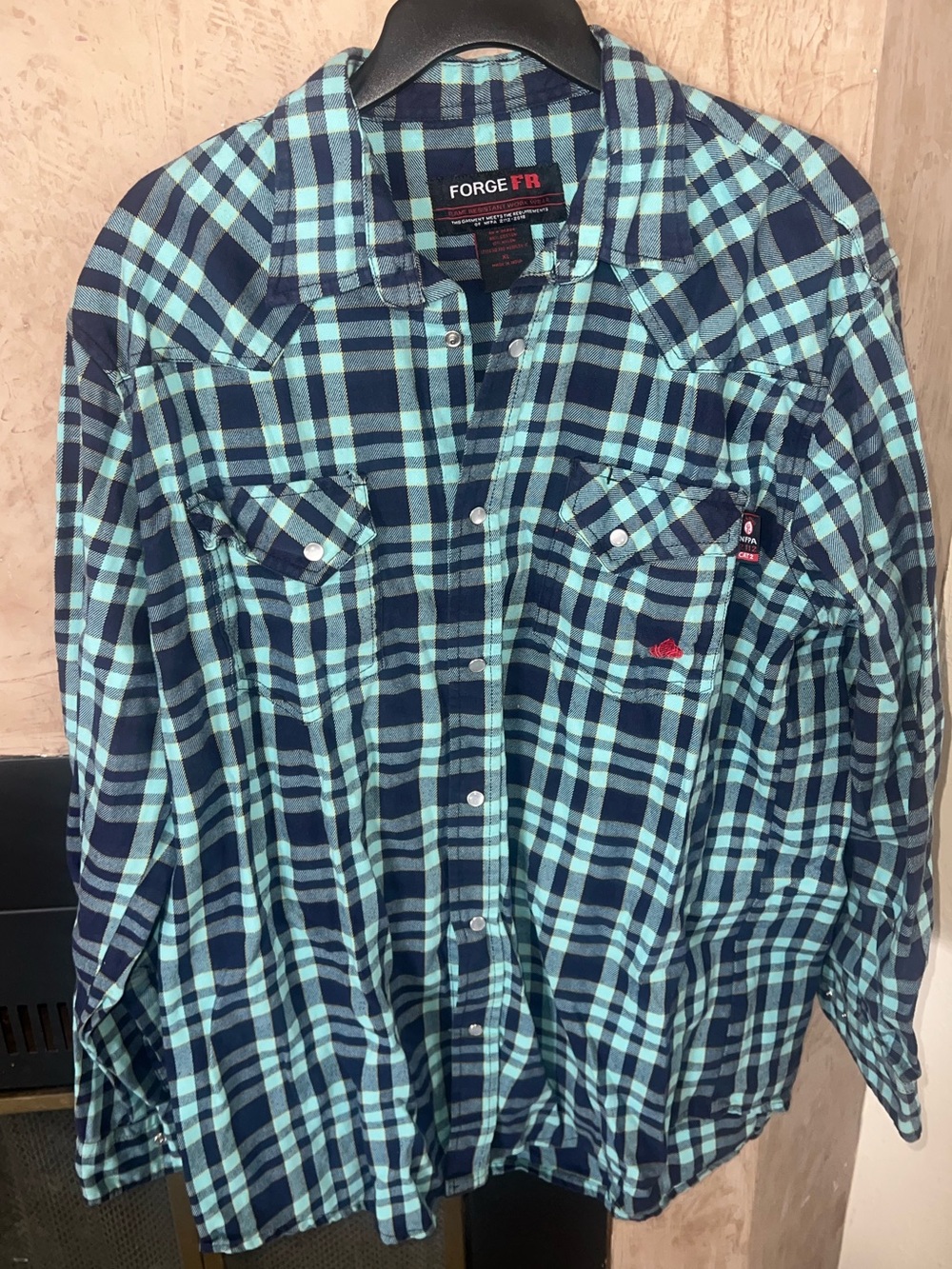 FORGE FR Flame Resistant Plaid Snap Front Work Shirt XL Blue Teal NFPA 2112
